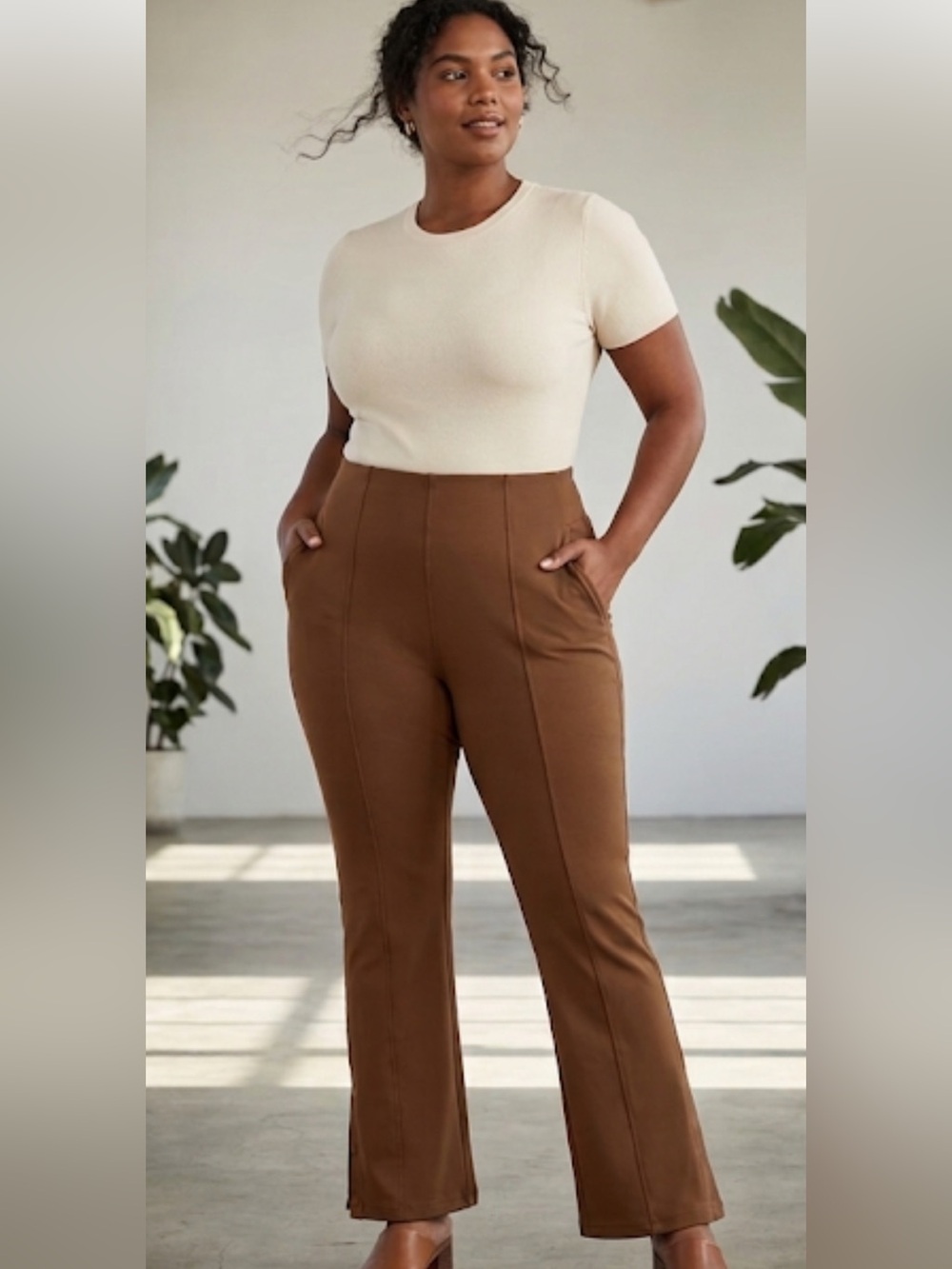 Halara Brown High Waisted Button Snap Split Hem Flare‎ Pants - XL